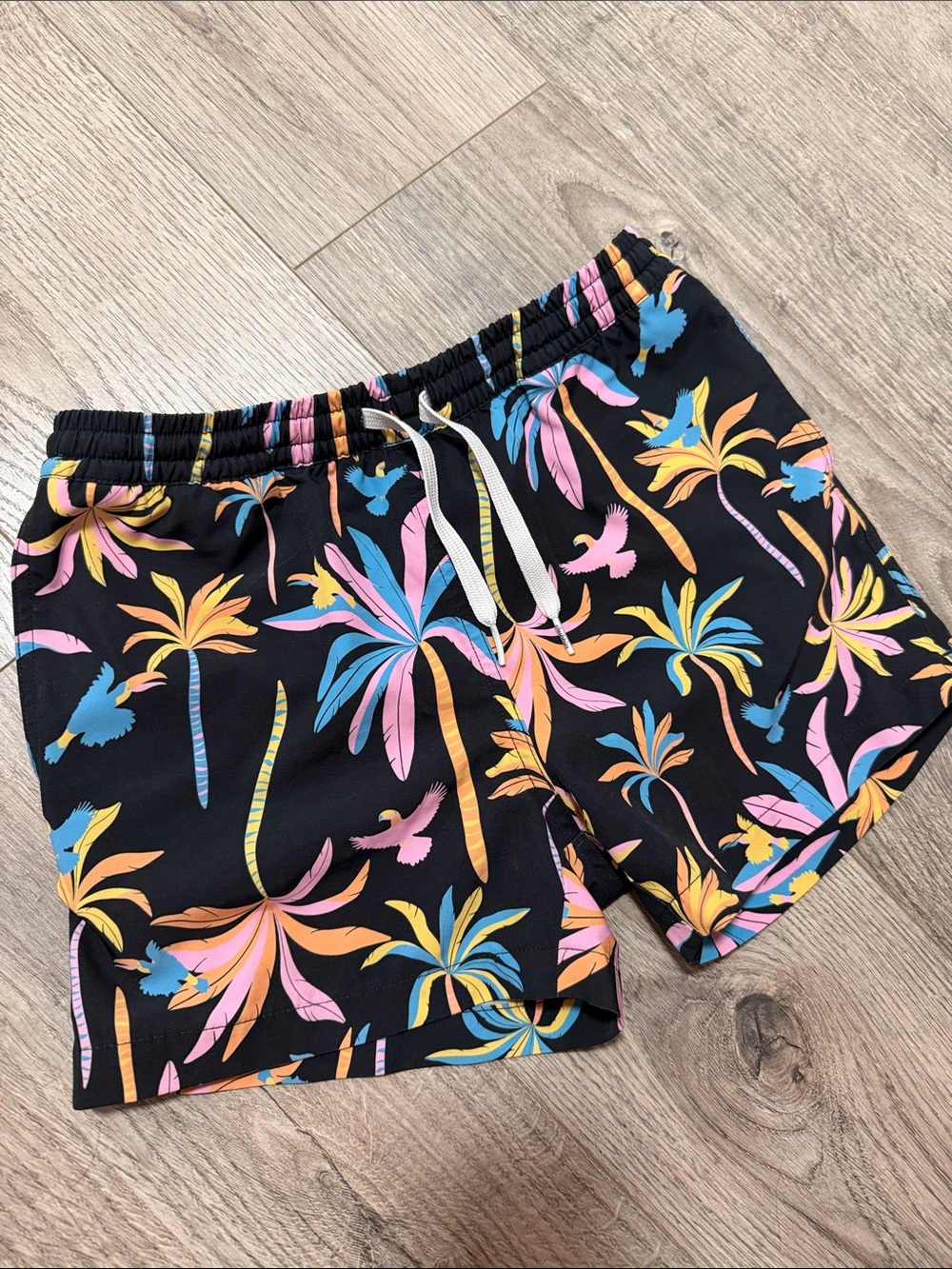 chubbies Black Tropical Palm Print Shorts with Pink, Blue & Yellow Accents